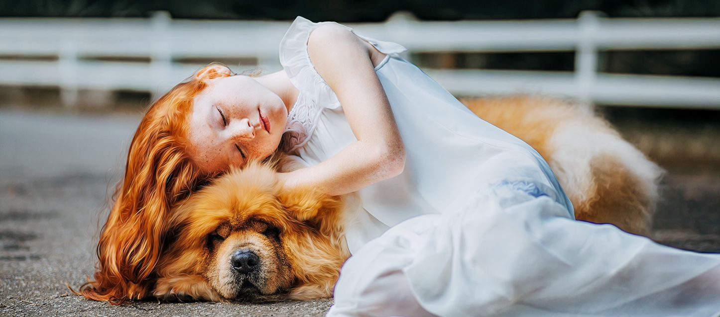 frases sobre los sueños una niña pequeña de pelo pelirrojo largo dormida sobre su perro chow chow