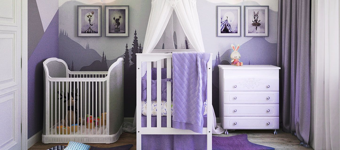 Colores de las habitaciones infantiles en 2022 habitacion de bebes de colores blanco y morado, cuna con dosel, mueble con cajones y cuadros decorativos en la pared