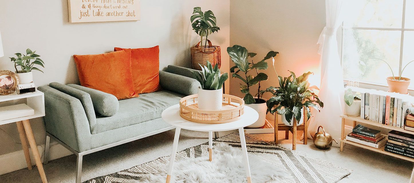Cómo ordenar una habitación habitacion ordenada con un banco con cojines, mesita redonda blanca con una maceta, dos macetas en el suelo y estanteria con libros